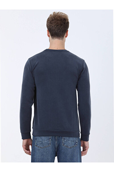 Kip Lacivert Bisiklet Yaka Baskılı Sweatshırt