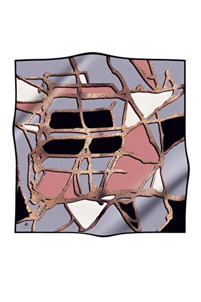 Vissona 57% Silk 43% Viscos Twill Silk Gold Effect Geometric Pattern Gray - Powder Color 90X90 Scarf Planting