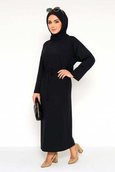 LİVE SPORT Women's Belted Long Sleeve Crew Neck Cotton Maxi Dress