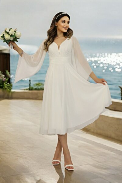 BDR COMPANY Uzun Volan Kollu Kalp Yaka Beli Büzgülü Midi Beyaz Şifon Elbise Nikah-nişan-söz-dış Çekim