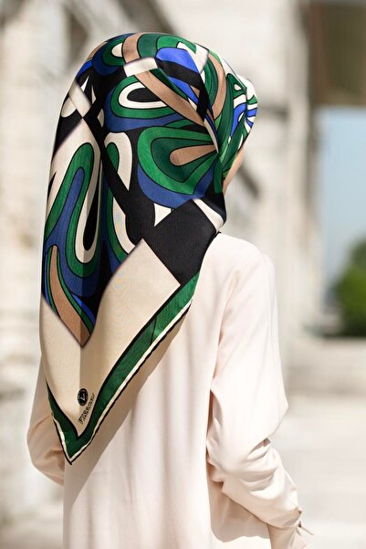 Vissona 57% Silk 43% Viscosa Twill Silk Geometric Patterned Saks - Emerald Green Colored 90X90 Planting Shape : E