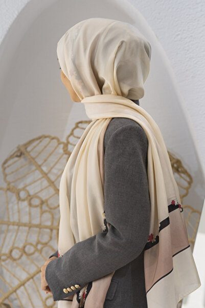 Vissona 100% Silk Floral Patterned Cream Colored 92X210 Shawl