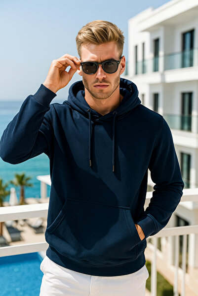 Rich Чоловічий синій бавовняний світшот з кишенями та капюшоном