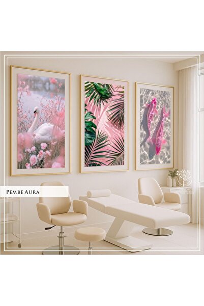Tablomtr Dijital Baskılı Metal Çerçeveli Gercek Camlı 3'lü Tablo - Pembe Aura