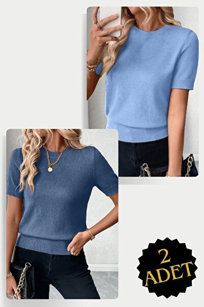 AQE FASHION 2 τμχ Μπλε - Indigo Crew λαιμόκοψη, Lycra κοντομάνικη μπλούζα