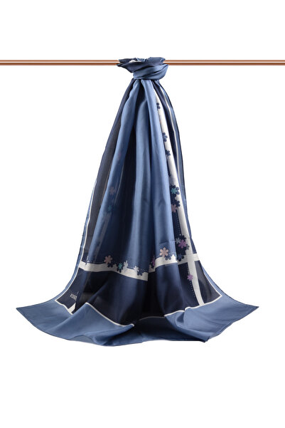 Vissona 100% Silk Floral Patterned Indigo Colored 92X210 Shawl