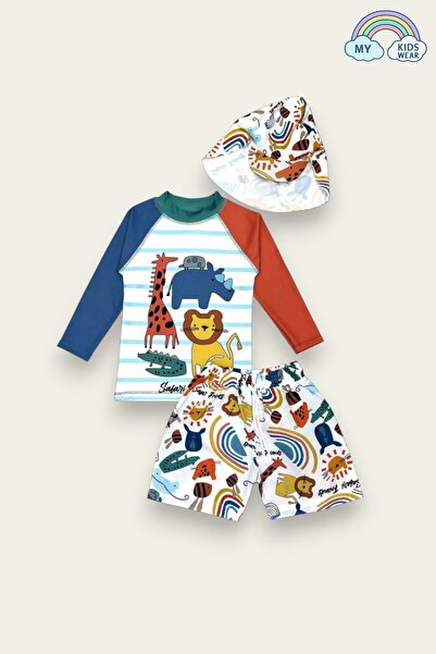 My Kids Wear Güneş Korumalı Boneli Karakter Desenli Deniz Şortlu Mayo Takım