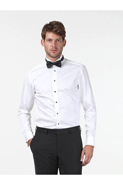 Kip Cămașă smoking albă, simplă, slim fit, cu manșetă dublă