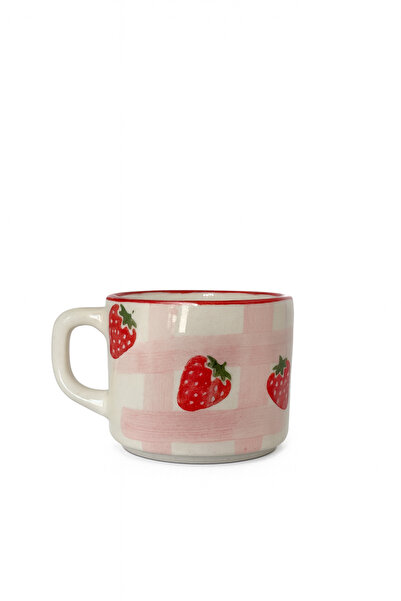 Hausette Çilek Desenli Seramik Türk Kahvesi, Kupa, Türk Kahve Fincanı, Fincan, Mug