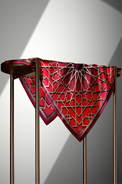 Vissona 57% Silk 43% Viscos Twill Turkish Motif Patterned Red Color 90X90 Scarf Sewing Shape: Hand Sewing