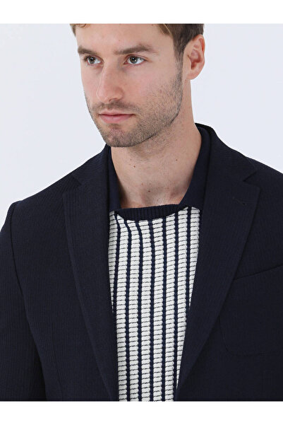 Kip Navy Blue Striped Modern Fit Jacket