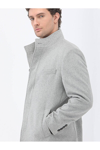 Kip Gri Regular Fit Dik Yaka Klasik Dokuma Palto