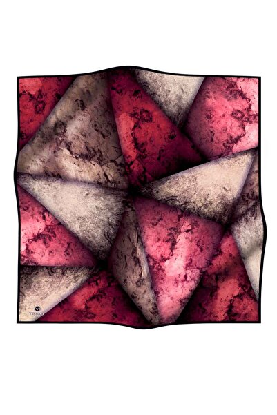 Vissona 57% Silk 43% Viscose Twill Silk Textured and Geometric Patterned Burgundy - Beige Colored 90X90 Scarf Dikim Şe
