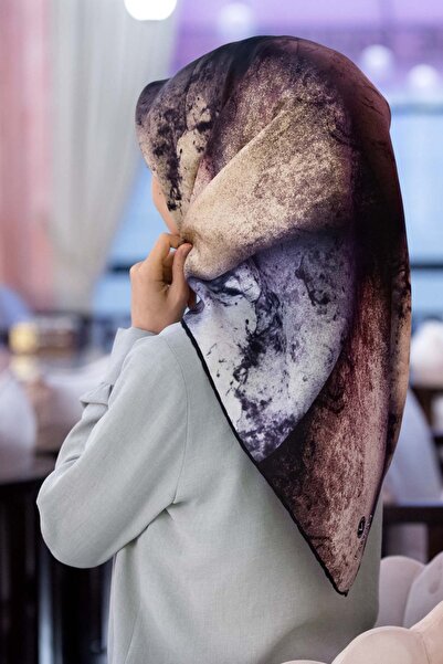 Vissona 57% Silk 43% Viscose Twill Silk Textured and Geometric Patterned Powder - Gray Colored 90X90 Scarf Dikim Şe