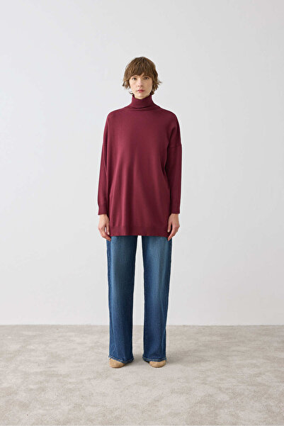 TERZİ DÜKKANI Voleta Merserized Viscose High Neck Tricot Tunic Bordo