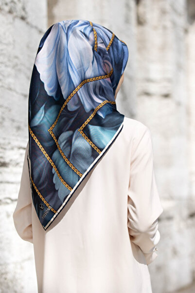 Vissona 57% Silk 43% Viscose Twill Silk Floral Geometric Pattern Navy Blue Colored 90X90 Scarf Planting Shape: