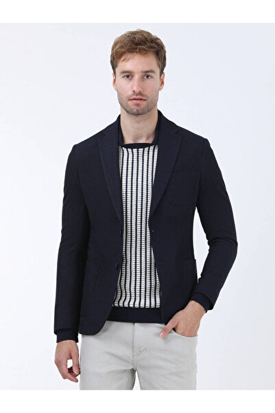 Kip Navy Blue Striped Modern Fit Jacket