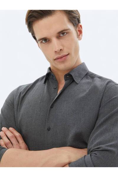 Kip Antrasit Düz Regular Fit Dokuma Casual Pamuk Karışımlı Gömlek