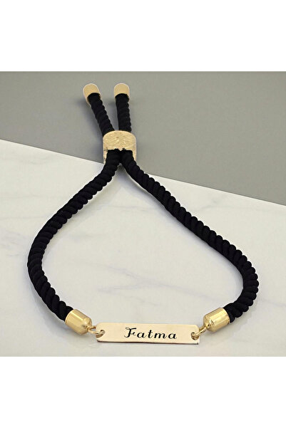 ARCHINO GOLD Altın Plakalı 14 Ayar Fatma İsmine Özel Siyah Örgü İpli Dikdörtg...