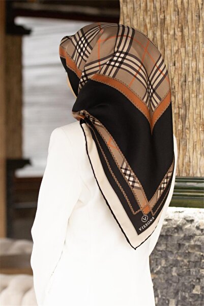 Vissona % 57 İPEK % 43 VİSKON Twill İpek Ekose Desenli Taba Renkli 90x90 Eşar...