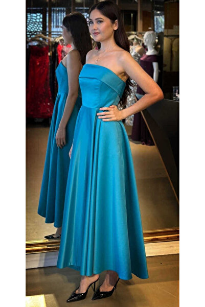 Abiyeniall Turkuaz Straplez Yaka Kloş Etekli Saten Midi Abiye Elbise 7647