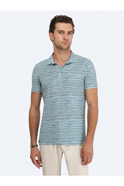 Kip Dark Mint Printed Polo Neck Linen Blend T-Shirt