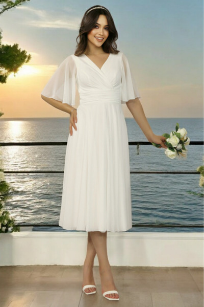 BDR COMPANY Kısa Volan Kollu Kruvaze Yaka Beli Büzgülü Midi Beyaz Şifon Elbis...