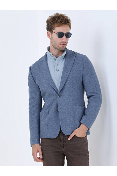 Kip Mavi Düz Modern Fit Yün Karışımlı Örme Ceket