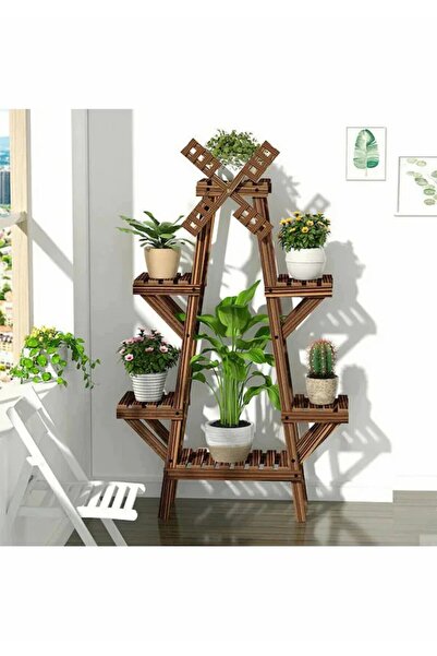 ALANDEKOR Cevİz Rengi Ahşap 6 Raflı Çiçeklik, Saksılık, Çiçek Standı, Dekorat...