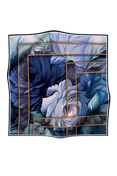 Vissona 57% Silk 43% Viscose Twill Silk Floral Geometric Pattern Navy Blue Colored 90X90 Scarf Planting Shape: