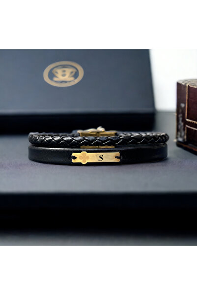 ARCHINO GOLD Altın Plakalı 14 Ayar S Harfine Özel Doğal Siyah Derili Çiçek Fi...