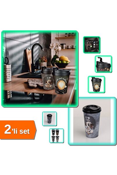 HerEveOyuncak Şık 2'lii Kahve Bardağı Seti - Kapaklı Desenli + 400ml Termoslu...