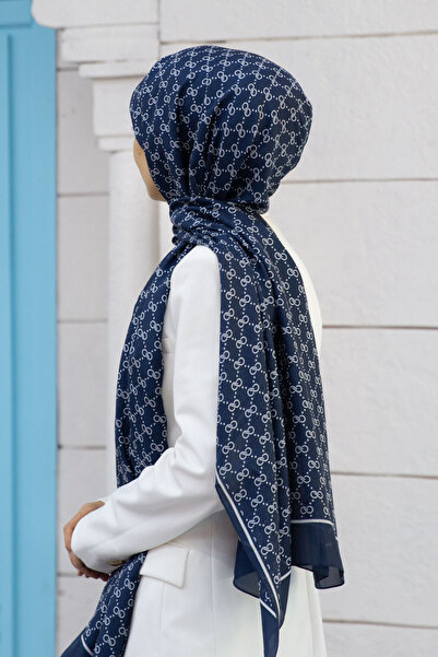 Vissona 100% Silk Tiny Motif Patterned Navy Blue - Cream Colored 92X210 Shawl