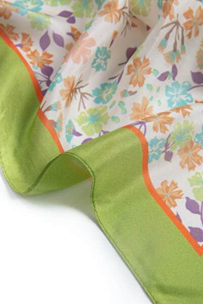 Vissona 100% Silk Crispy Flower Patterned Pistachio Green Colored 92X210 Shawl