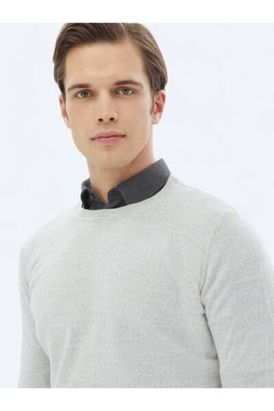 Kip Light Gray Crew Neck Plain Knit Wool Blended Sweater