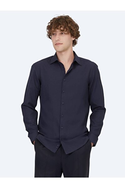 Kip Cămașă clasică din amestec de bumbac, albastru bleumarin, slim fit