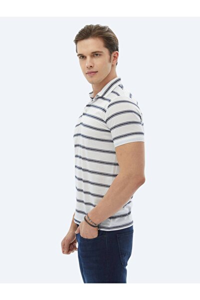 Kip Polo Neck Navy Blue Striped T-Shirt