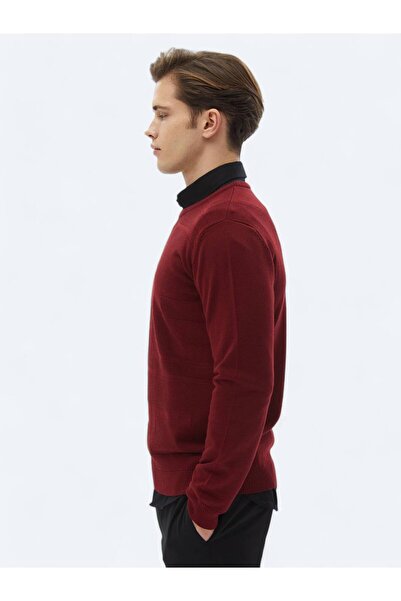 Kip Kırmızı Bisiklet Yaka Jakarlı Yün Karışımlı Triko Kazak