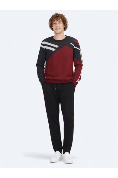Kip Kırmızı Bisiklet Yaka Desenli Yün Karışımlı Triko Kazak