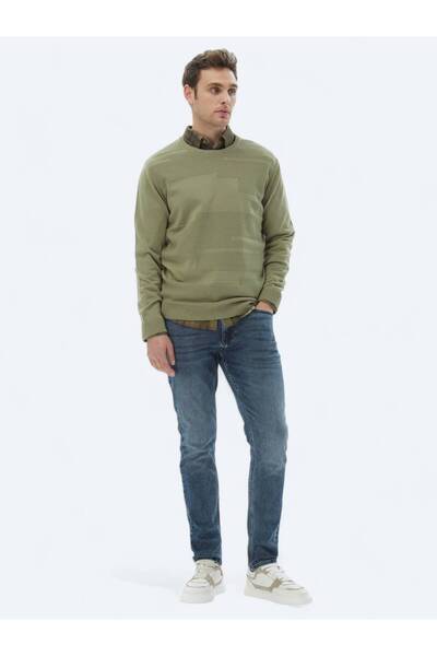 Kip Açık Yeşil Bisiklet Yaka Jakarlı Yün Karışımlı Triko Kazak