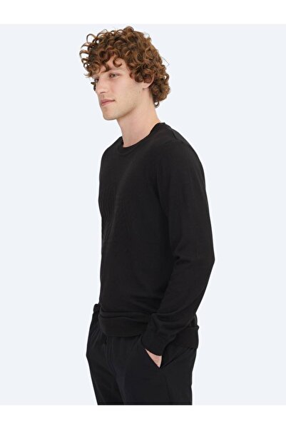 Kip Siyah Bisiklet Yaka Desenli Pamuk Karışımlı Triko Kazak