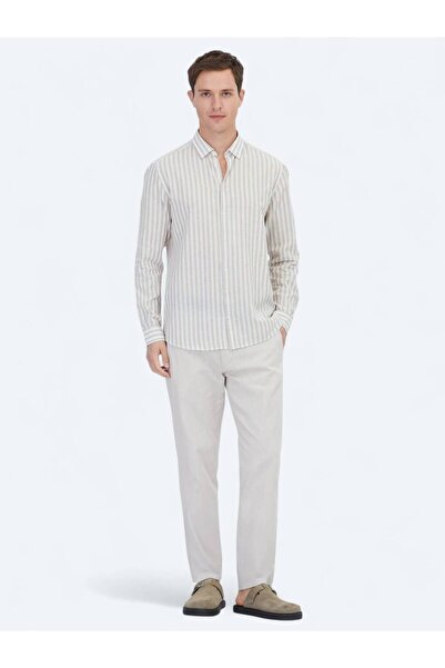 Kip Bej Çizgili Regular Fit Dokuma Casual Pamuk Karışımlı Gömlek