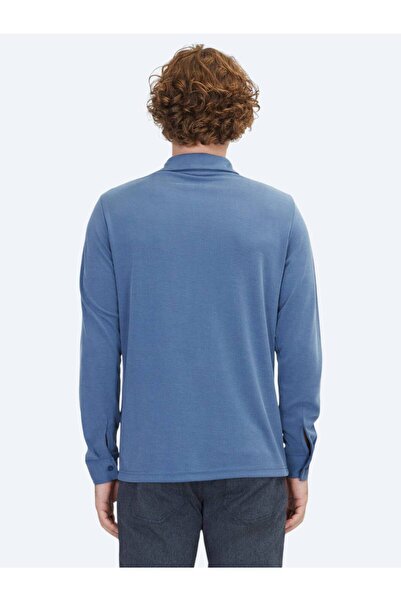 Kip Havacı Mavi Bisiklet Yaka Desenli Pamuk Karışımlı Triko Kazak