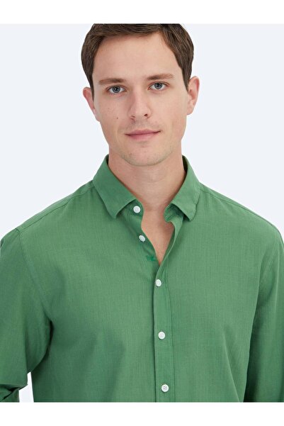 Kip Fıstık Yeşili Düz Regular Fit Dokuma Casual %100 Pamuk Gömlek
