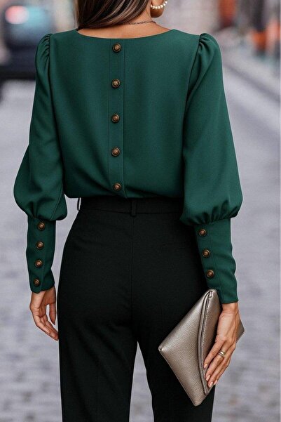 MODA Bluză de damă cu mânecă lungă, cu gât rotund, cu nasturi, din crep importat