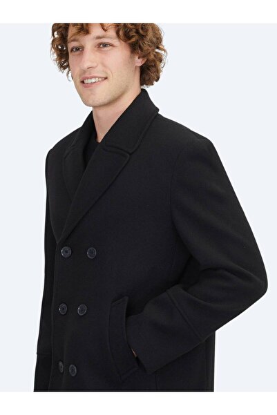 Kip Siyah Regular Fit Kruvaze Yaka Casual Örme Kaban