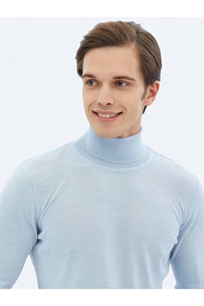 Kip Mavi Tam Balıkçı Yaka Düz Örgü Yün Karışımlı Triko Kazak