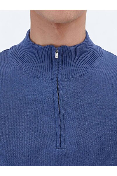 Kip İndigo Yarım Balıkçı Yaka Desenli Pamuk Karışımlı Triko Kazak