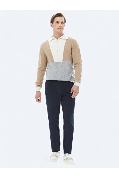 Kip Navy Blue Woven Carrot Fit Casual βαμβακερό παντελόνι