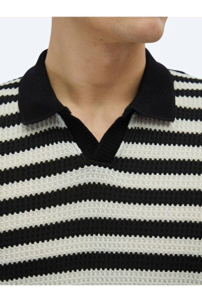Kip Black Striped Polo Neck Cotton Blend T-Shirt